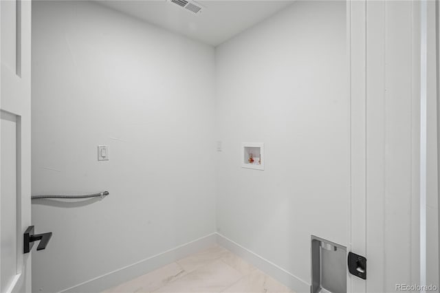 laundry area featuring laundry area, baseboards, visible vents, marble finish floor, and washer hookup