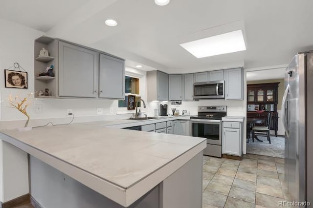 kitchen featuring a sink, light countertops, appliances with stainless steel finishes, a peninsula, and gray cabinets