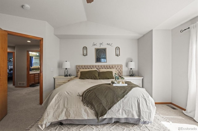 bedroom featuring carpet floors, vaulted ceiling, and baseboards