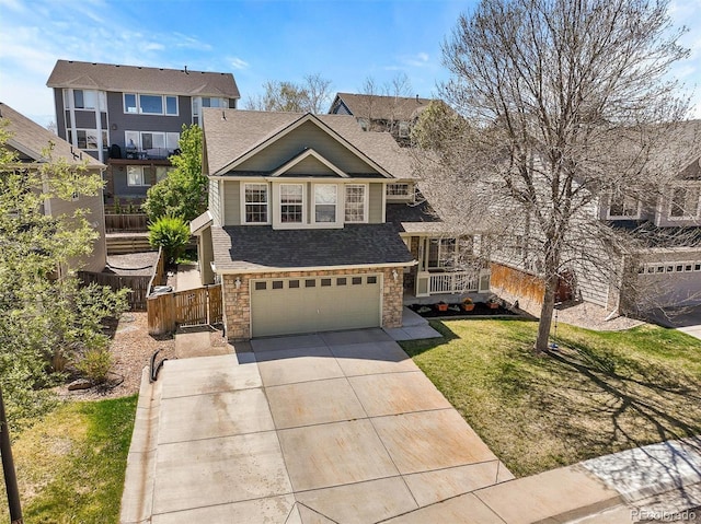 view of front of house featuring an attached garage, concrete driveway, roof with shingles, and stone siding