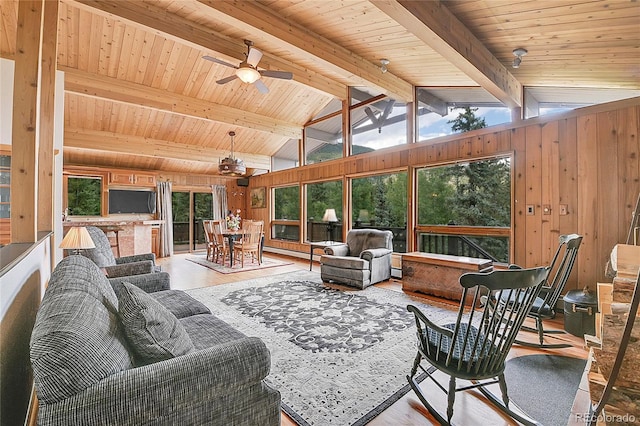 sunroom / solarium with ceiling fan, lofted ceiling with beams, and wooden ceiling