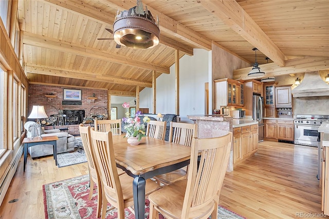 dining area with light hardwood / wood-style floors, lofted ceiling with beams, and wood ceiling