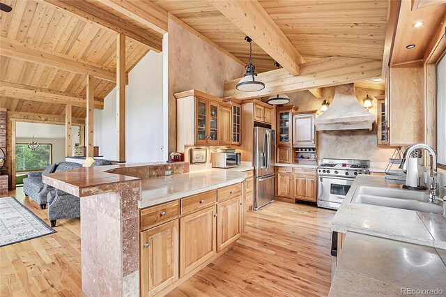 kitchen with custom range hood, wood ceiling, hanging light fixtures, appliances with stainless steel finishes, and lofted ceiling with beams