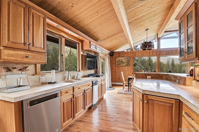 kitchen with vaulted ceiling with beams, light hardwood / wood-style flooring, sink, stainless steel dishwasher, and wooden ceiling