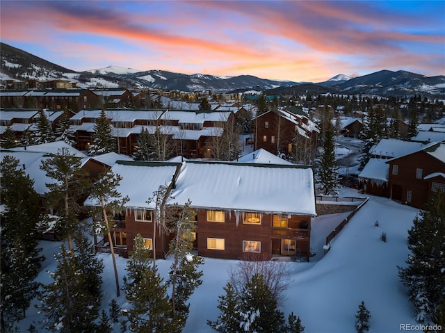 snowy aerial view with a residential view and a mountain view