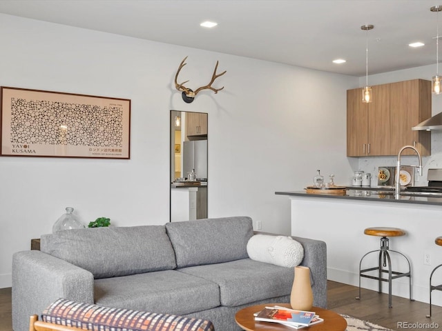 living area featuring recessed lighting and dark wood-style floors