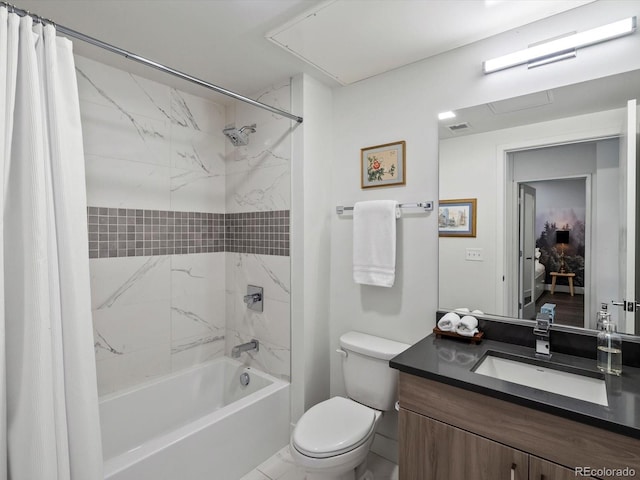 bathroom featuring toilet, visible vents, shower / bath combination with curtain, and vanity