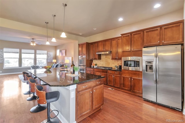 kitchen featuring appliances with stainless steel finishes, light hardwood / wood-style floors, pendant lighting, and an island with sink