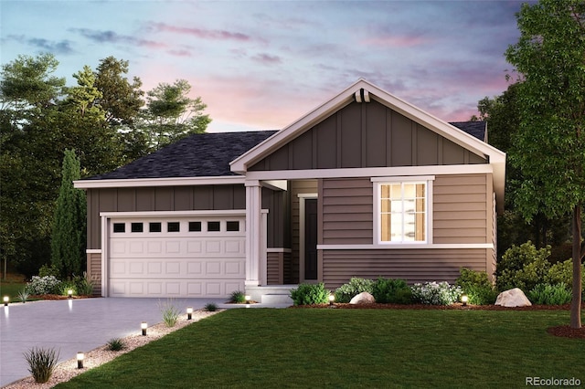 14406 Ranch St, Mead, CO 80504 - view of front facade featuring board and batten siding, concrete driveway, a lawn, and an attached garage