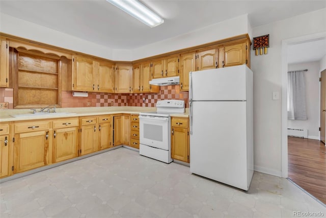 505 Maple St, Golden, CO 80403 - kitchen featuring white appliances, a baseboard radiator, under cabinet range hood, open shelves, and light countertops