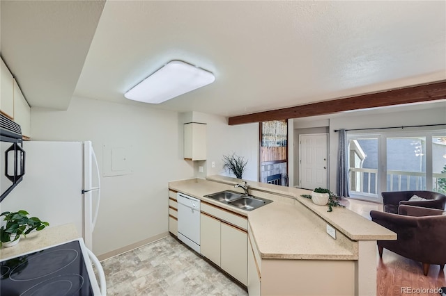 kitchen featuring kitchen peninsula, white appliances, sink, beam ceiling, and white cabinets