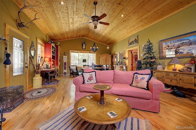 80 Meadow Ln, Bailey, CO 80421 - living room with wood ceiling, wood finished floors, ceiling fan, and lofted ceiling