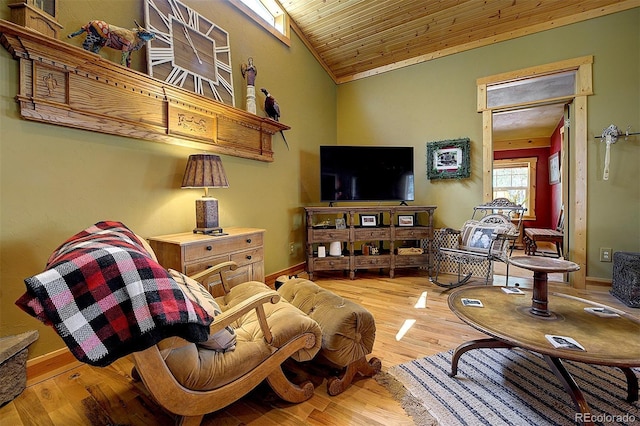 80 Meadow Ln, Bailey, CO 80421 - living area with vaulted ceiling, wood ceiling, and light wood-style floors