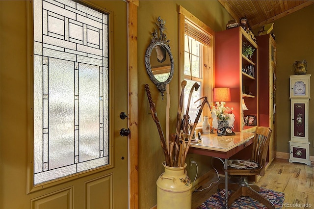 80 Meadow Ln, Bailey, CO 80421 - entryway featuring wooden ceiling and light wood-type flooring