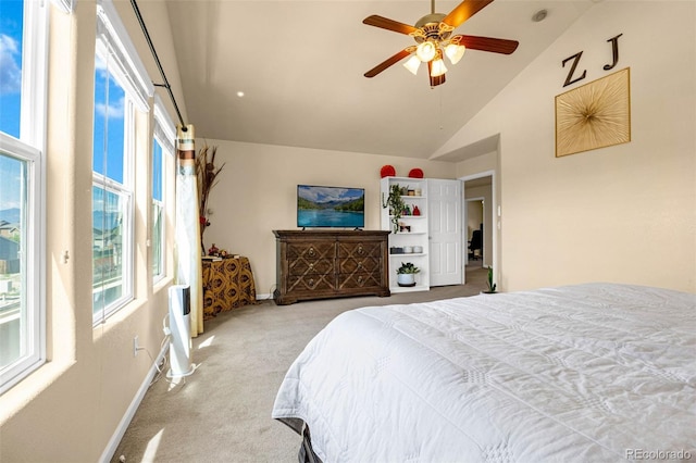 8004 Brittinger Way, Colorado Springs, CO 80951 - carpeted bedroom with high vaulted ceiling and a ceiling fan
