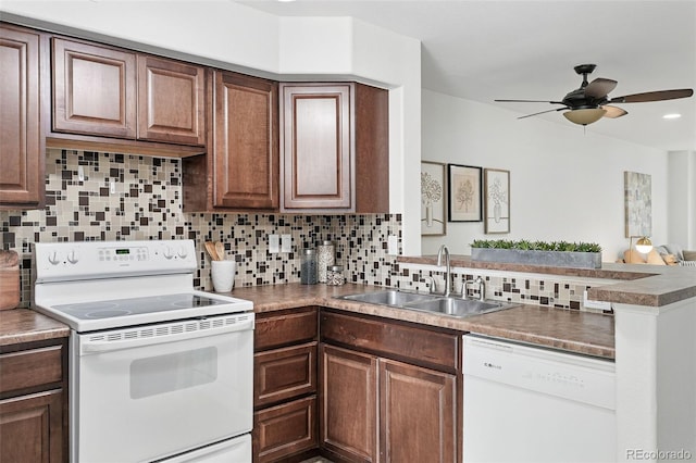 3300 W Florida Ave Unit 117, Denver, CO 80219 - kitchen featuring white appliances, a sink, decorative backsplash, a peninsula, and a ceiling fan