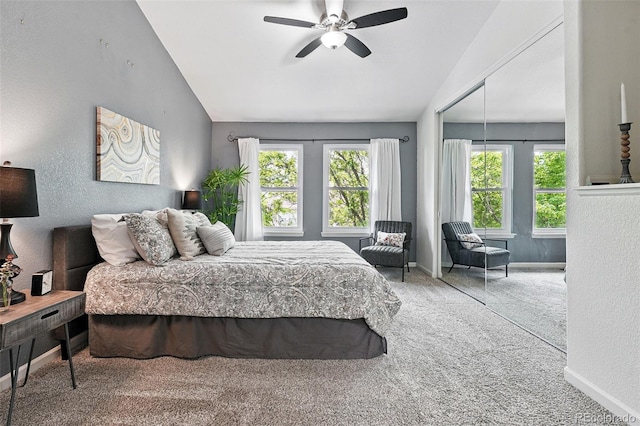 3300 W Florida Ave Unit 117, Denver, CO 80219 - bedroom with carpet, lofted ceiling, baseboards, a textured wall, and ceiling fan