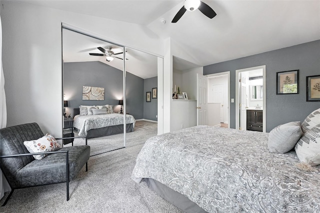 3300 W Florida Ave Unit 117, Denver, CO 80219 - bedroom featuring carpet floors, lofted ceiling, a closet, a ceiling fan, and ensuite bath