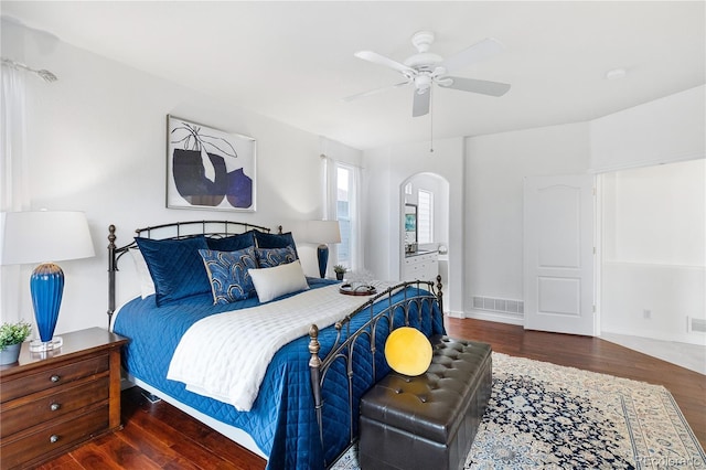 bedroom with ceiling fan and hardwood / wood-style flooring