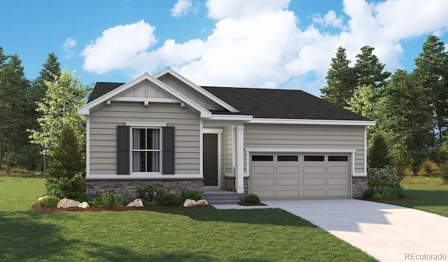 610 Douglas Fir Pl, Johnstown, CO 80534 - craftsman-style home with concrete driveway, stone siding, a garage, and a front lawn
