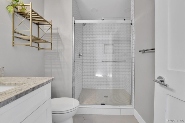 bathroom with a stall shower, toilet, and vanity