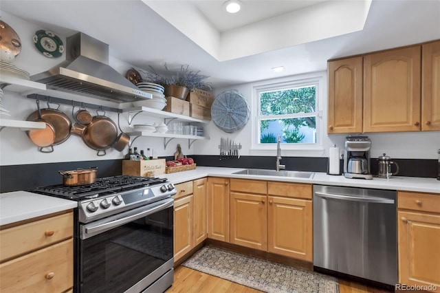 13701 E Marina Dr Unit B, Aurora, CO 80014 - kitchen with appliances with stainless steel finishes, range hood, light wood-style flooring, light countertops, and a tray ceiling