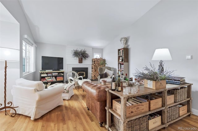 13701 E Marina Dr Unit B, Aurora, CO 80014 - living area featuring lofted ceiling, light wood finished floors, and a fireplace