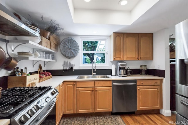 13701 E Marina Dr Unit B, Aurora, CO 80014 - kitchen with stainless steel appliances, a tray ceiling, open shelves, light wood-style flooring, and range hood