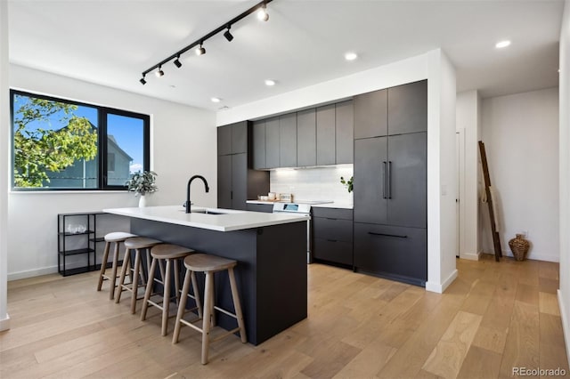 kitchen with a kitchen breakfast bar, a center island with sink, light hardwood / wood-style floors, and sink