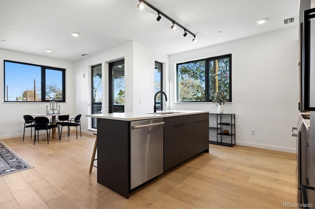 kitchen with stainless steel dishwasher, an island with sink, a wealth of natural light, and light hardwood / wood-style flooring