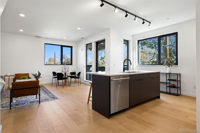 kitchen with stainless steel dishwasher, light hardwood / wood-style floors, sink, and a kitchen island with sink