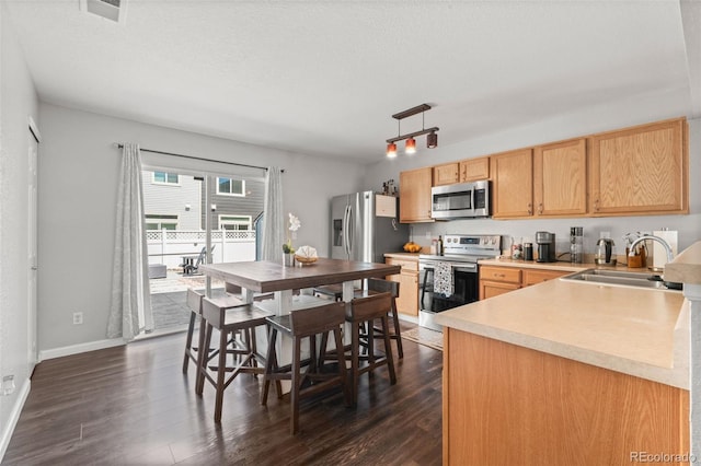 4695 Andes St, Denver, CO 80249 - kitchen with appliances with stainless steel finishes, dark wood finished floors, light brown cabinets, light countertops, and hanging light fixtures