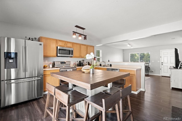 4695 Andes St, Denver, CO 80249 - kitchen featuring stainless steel appliances, a peninsula, dark wood-type flooring, and light countertops