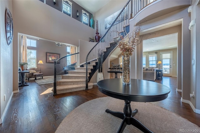 entrance foyer with dark hardwood / wood-style floors and a high ceiling