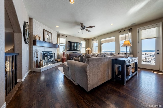 living room with a textured ceiling, a wealth of natural light, a fireplace, and dark hardwood / wood-style floors