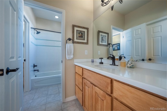 bathroom with tile patterned floors, vanity, and  shower combination