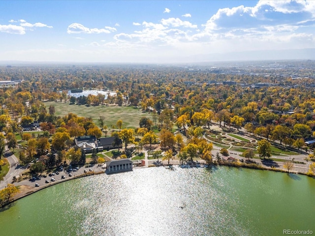 bird's eye view with a water view