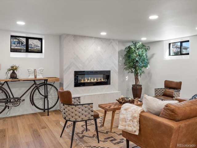 living room with a large fireplace and light hardwood / wood-style floors