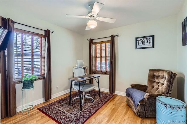 office space featuring plenty of natural light, baseboards, light wood-style floors, and a ceiling fan