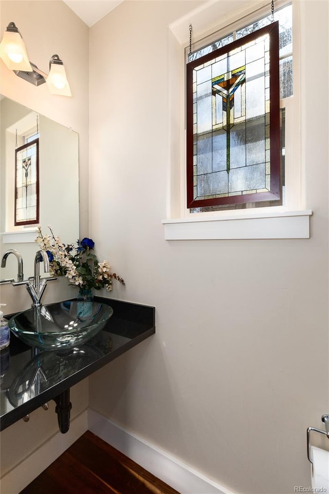 bathroom with wood finished floors, baseboards, and a sink