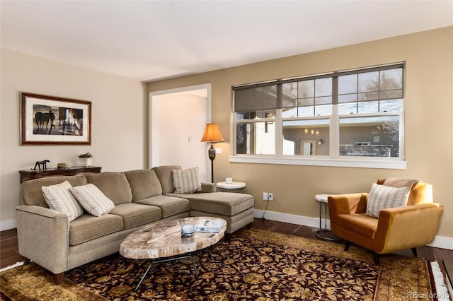 living area with baseboards and dark wood-style floors