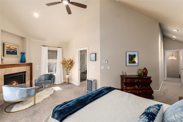 bedroom with carpet flooring, a fireplace, recessed lighting, and high vaulted ceiling