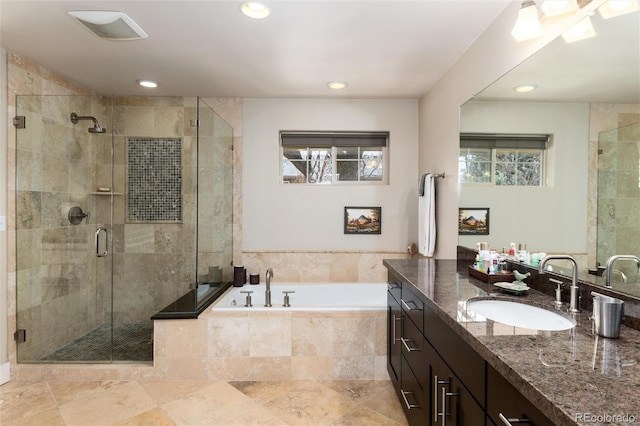 full bath featuring visible vents, a garden tub, recessed lighting, a stall shower, and vanity