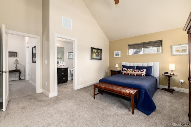 bedroom featuring visible vents, carpet floors, high vaulted ceiling, and baseboards