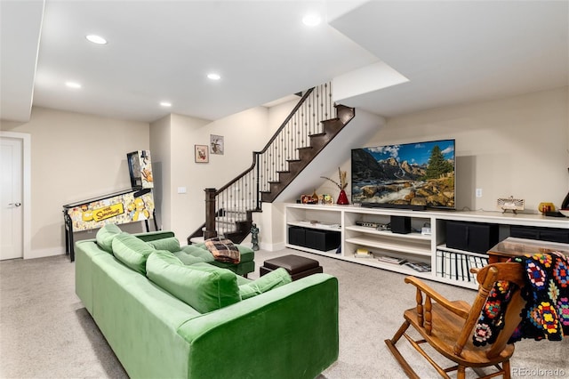 carpeted living room with stairs, recessed lighting, and baseboards