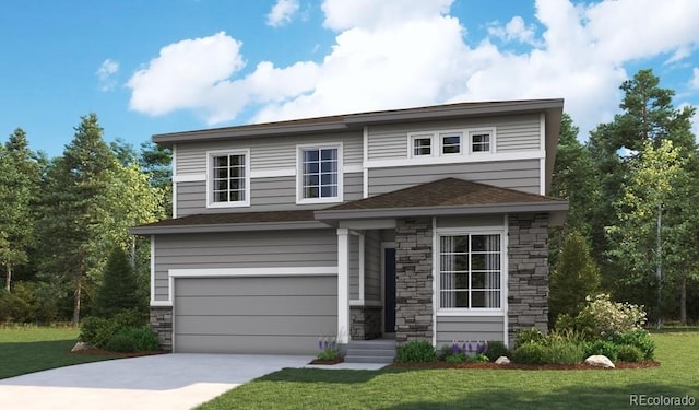 view of front of house featuring a front yard and a garage