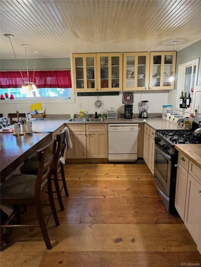 kitchen featuring light hardwood / wood-style floors, dishwasher, hanging light fixtures, stainless steel gas range, and sink