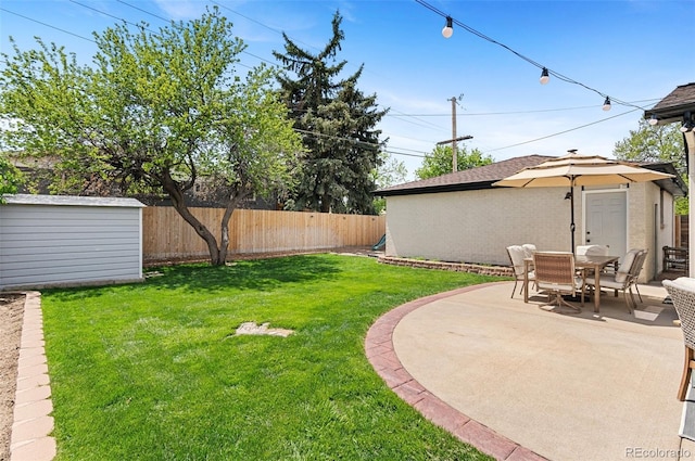 view of yard with an outdoor structure, a patio, and a storage unit