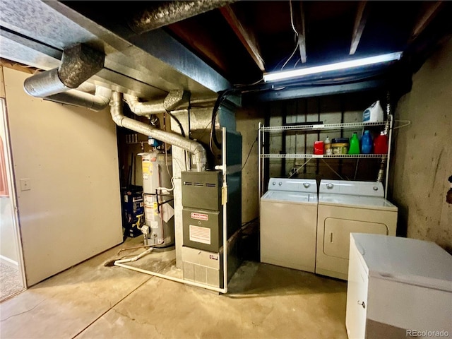 7240 W Yale Ave, Denver, CO 80227 - unfinished basement featuring water heater, heating unit, washing machine and dryer, and fridge