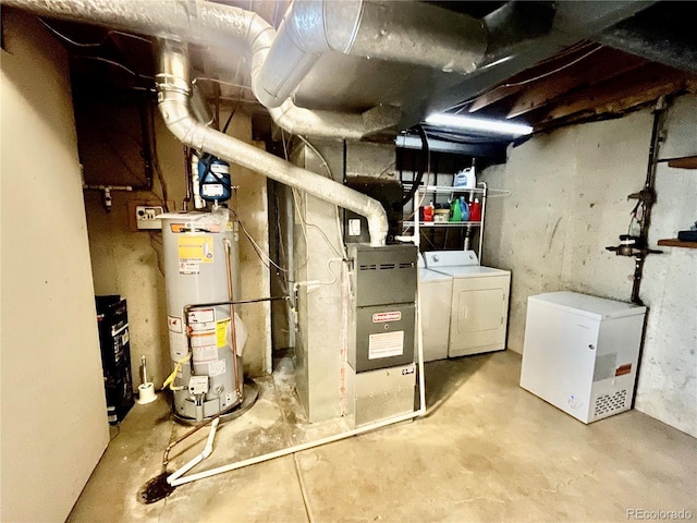 7240 W Yale Ave, Denver, CO 80227 - utility room featuring gas water heater, washing machine and clothes dryer, and heating unit